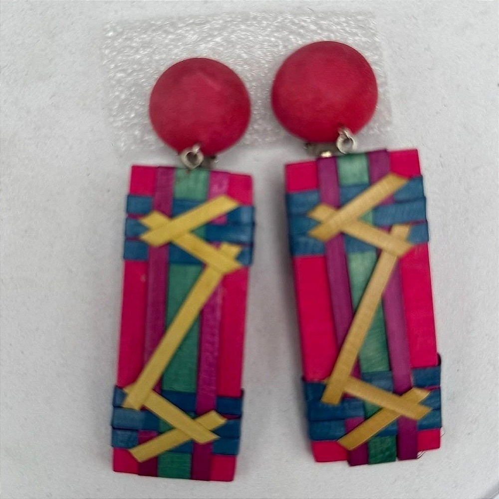 Vintage Wood Woven Geometric Artificial Sinew Dard Raffia Dangle Earrings